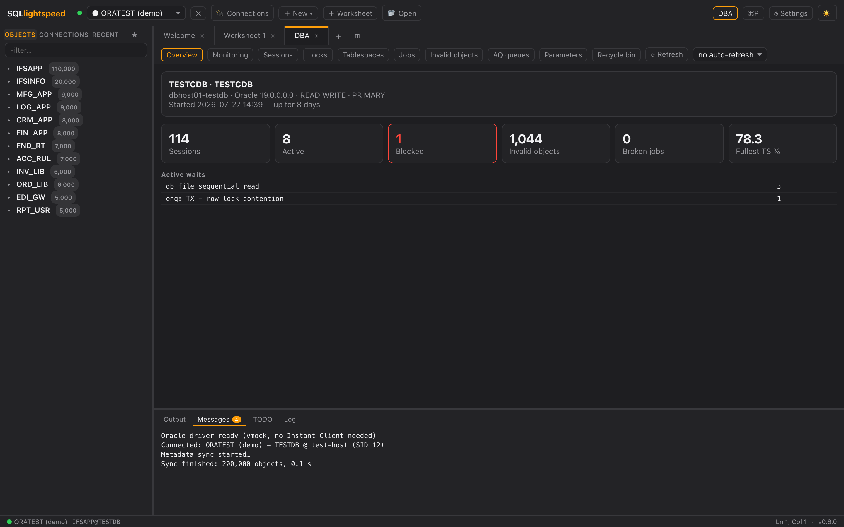 SQLlightspeed DBA panel showing active sessions, wait events and a highlighted blocking session