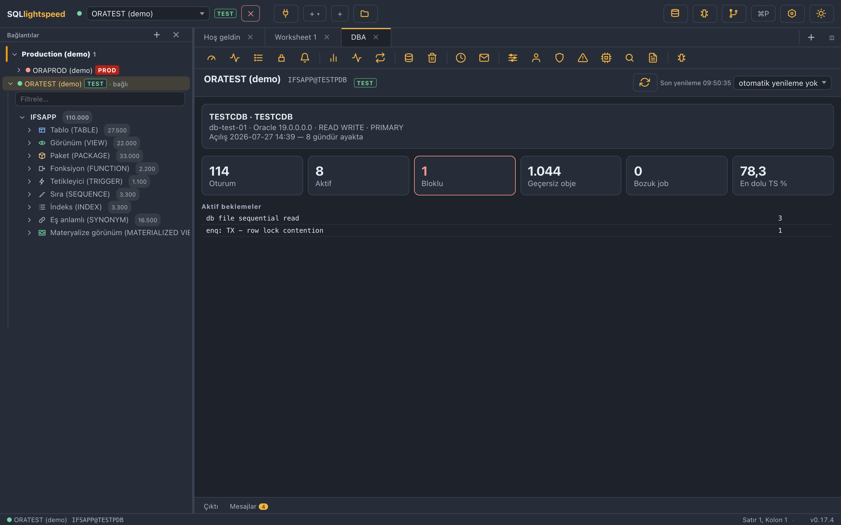 SQLlightspeed DBA genel görünümü: oturumlar, aktif oturumlar, vurgulanmış bloklu bir oturum, geçersiz nesneler ve öne çıkan bekleme olayları