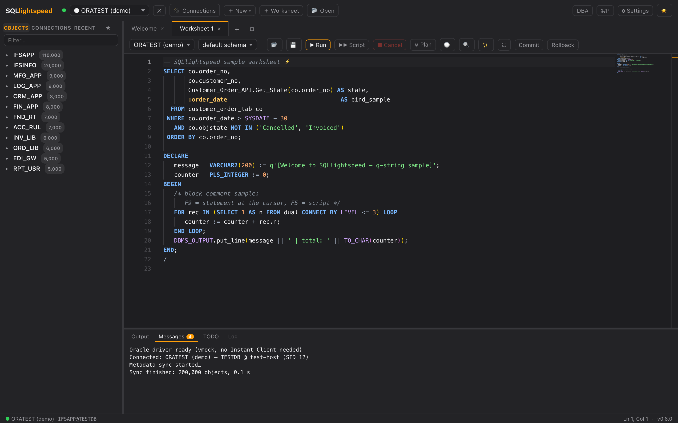 SQLlightspeed main window: a SQL worksheet and results grid in dark theme, with the status bar reading 'Sync finished: 200,000 objects, 0.1 s'