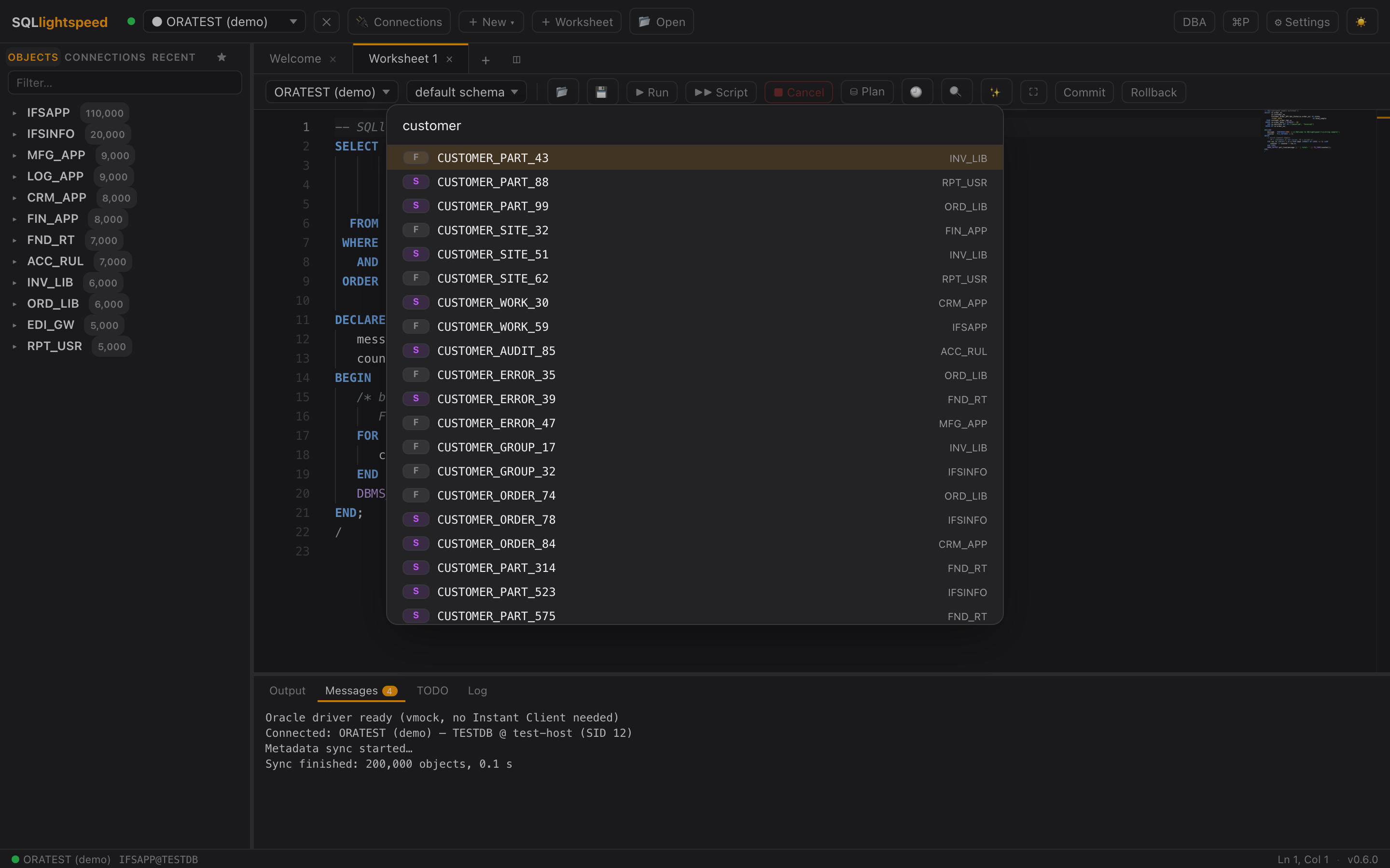 SQLlightspeed command palette opened with ⌘P, showing instant fuzzy search results across database objects