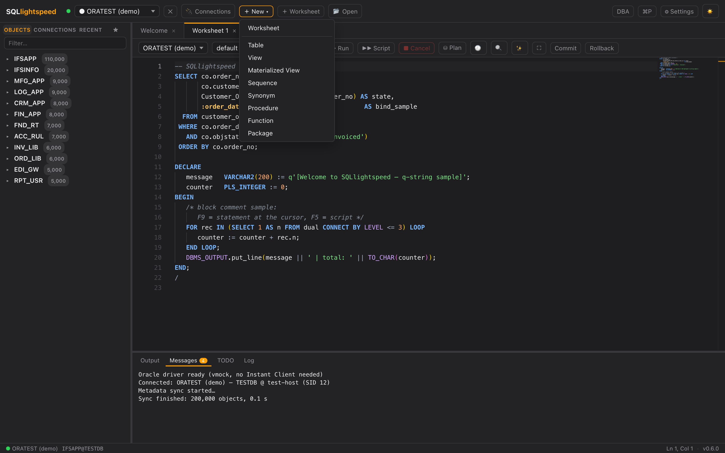 SQLlightspeed '＋ New' menu listing creation wizards: Table, View, Materialized View, Sequence, Synonym, Procedure, Function, Package