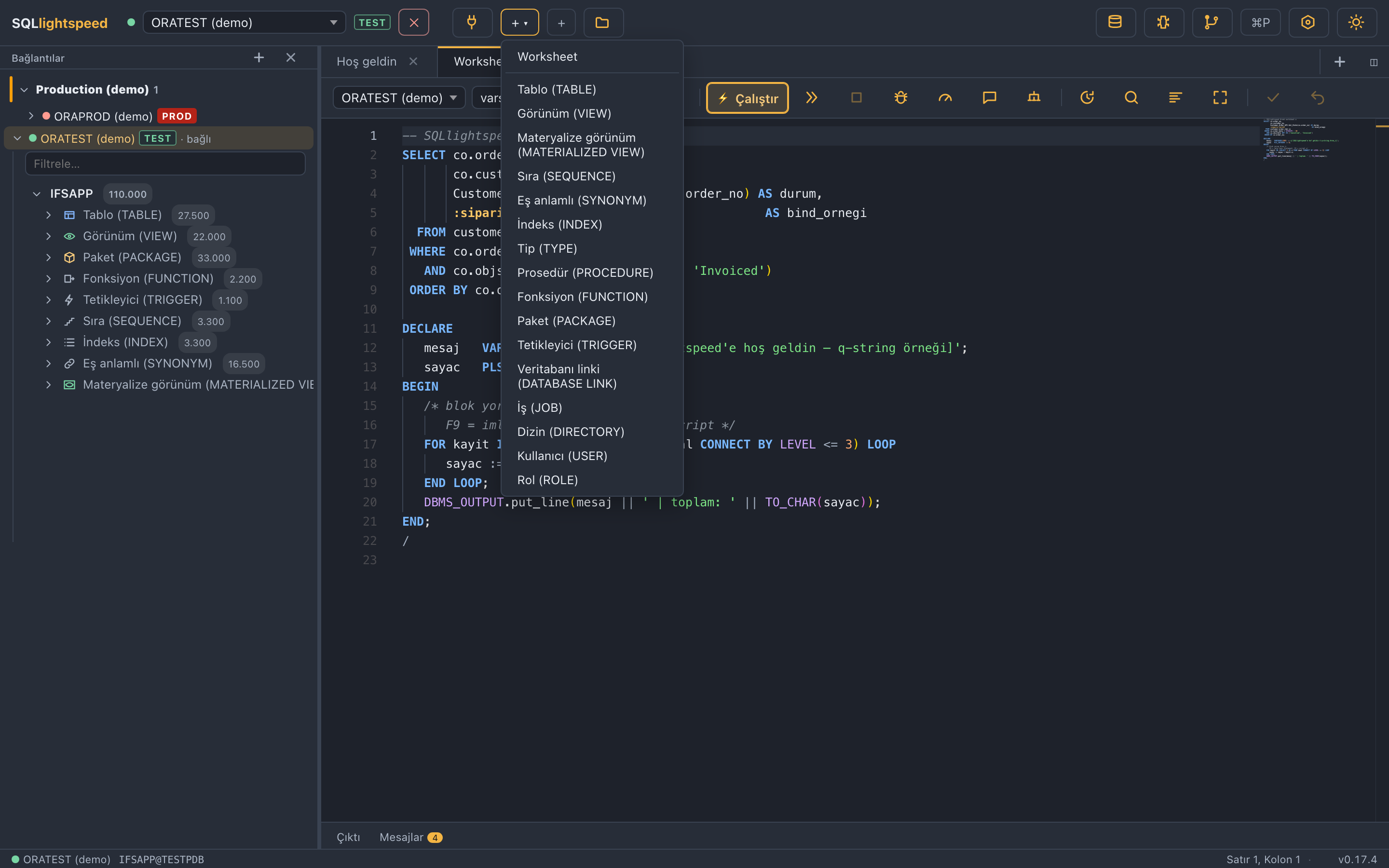 On altı oluşturma sihirbazını listeleyen SQLlightspeed yeni nesne menüsü: Tablo, Görünüm ve İndeks’ten Tetikleyici, Veritabanı linki, İş (JOB), Kullanıcı ve Rol’e kadar